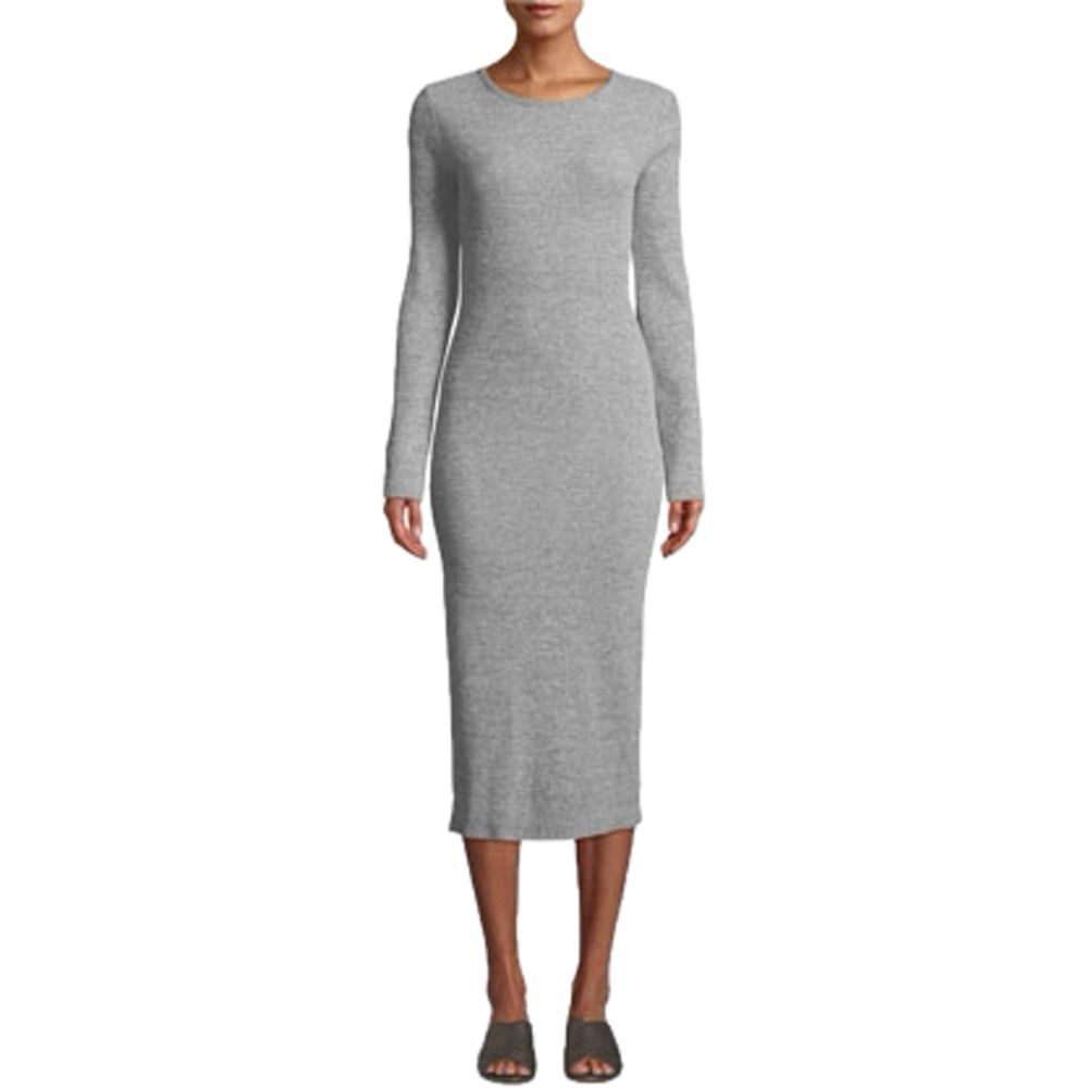 VINCE Women's Long Sleeve Ribbed Knit Crewneck Midi Dress in Grey